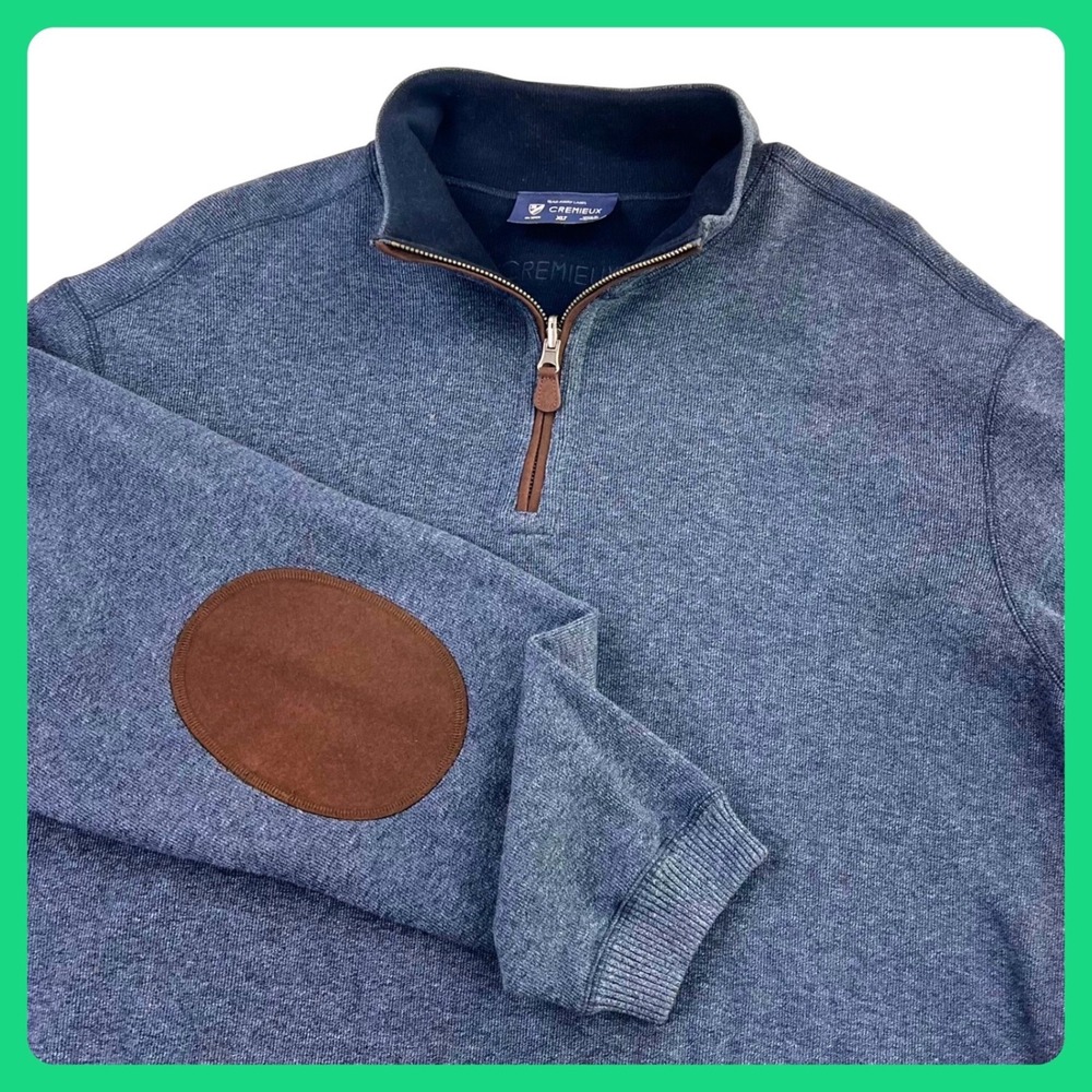 Cremieux 1/4 Zip Pullover Sweater Men's XLT Tall Blue Heathered Elbow Patches